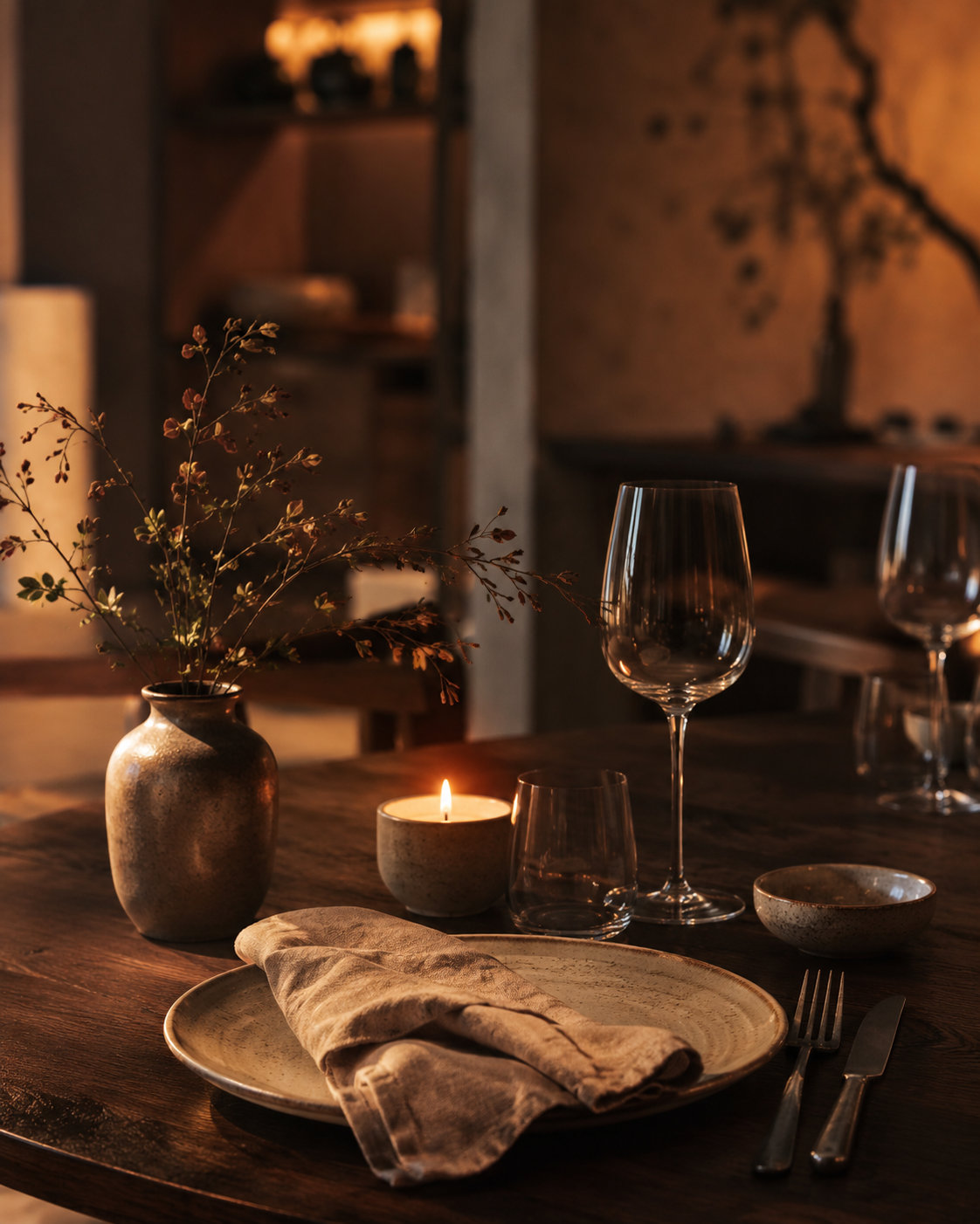 Fictional candlelit table setting in a warm dining room